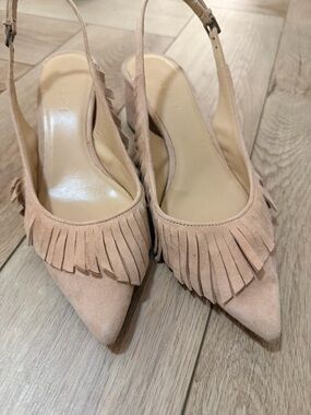 Blush Fringe Pointed-Toe Slingback Heels